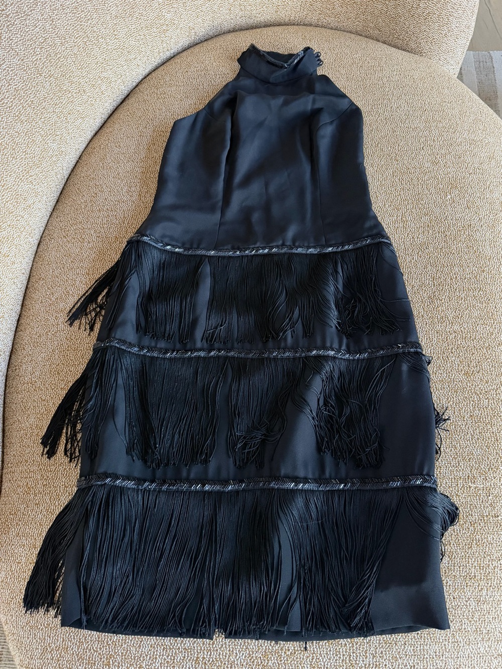 1980s AJ Bari Black Fringe Halter cocktail dress